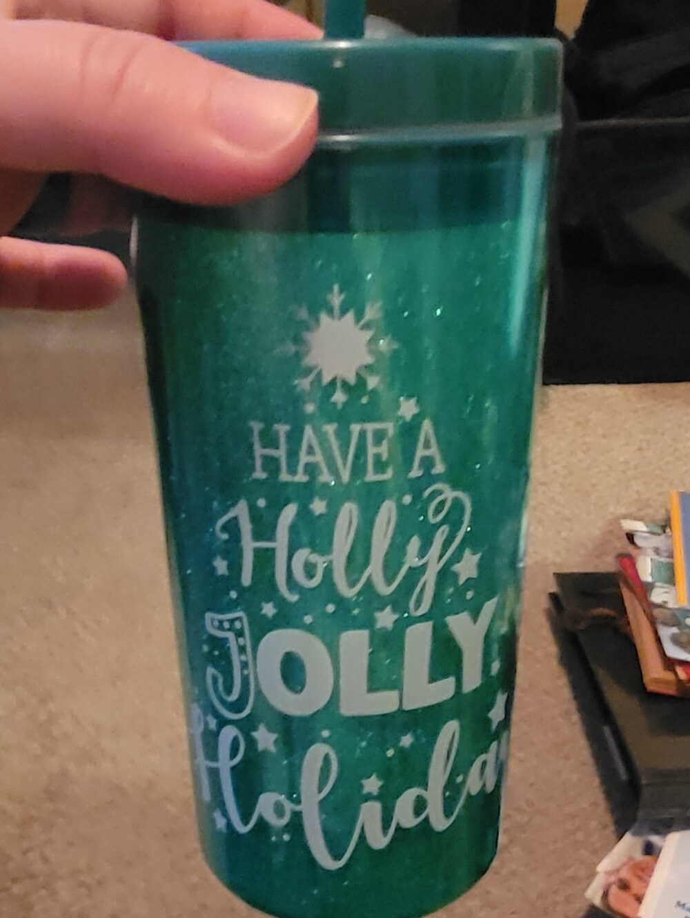Holiday 'Have a Holly Jolly Holiday' Green Glitter Travel Tumbler